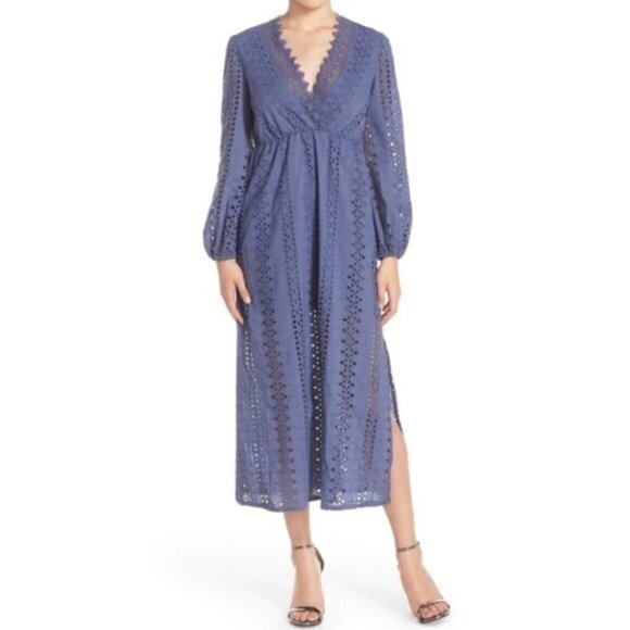 BARDOT Blue Eyelet Long Sleeve Maxi Dress US 6. - Picture 4 of 11